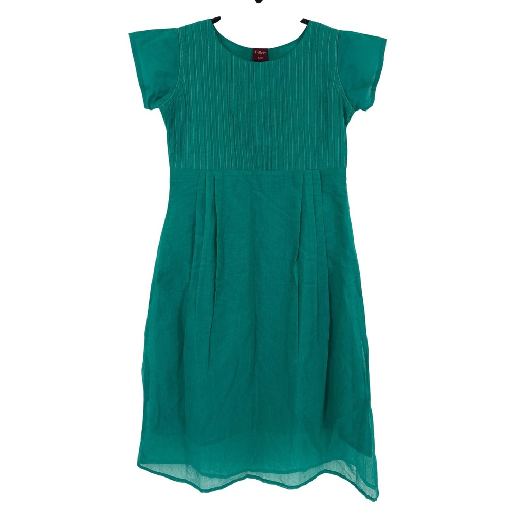 Follow Pintuck Pleated Midi Dress Womens L/40‎ Teal Green Excellent Short Sleeve